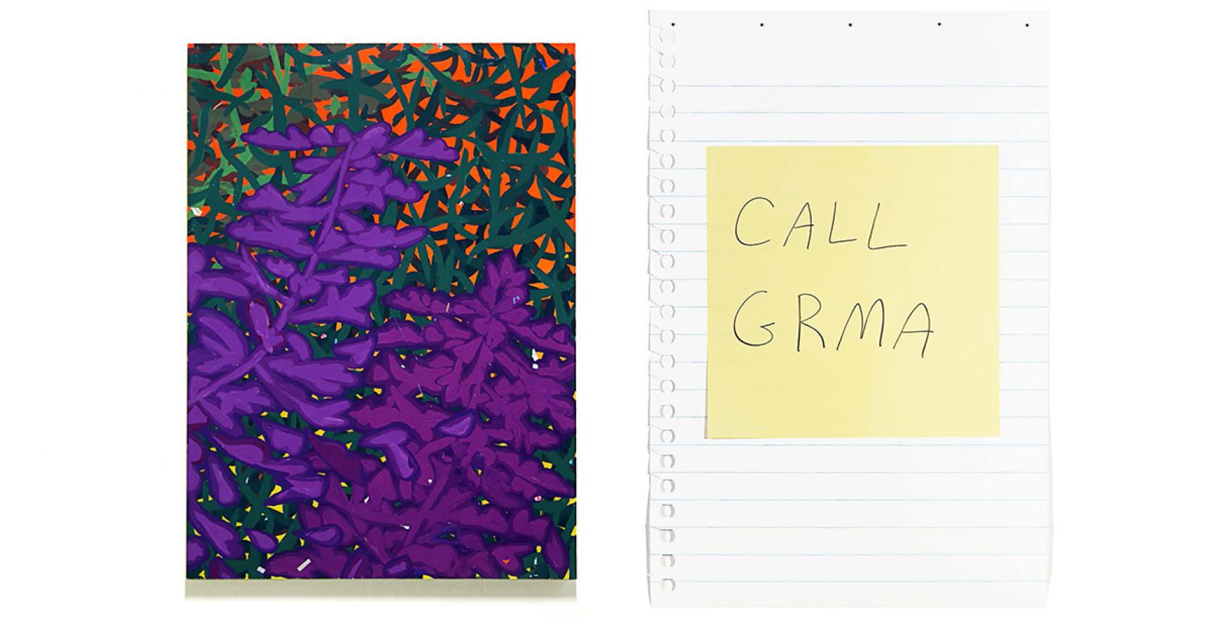painting purple floral opposite call GRMA post-it note