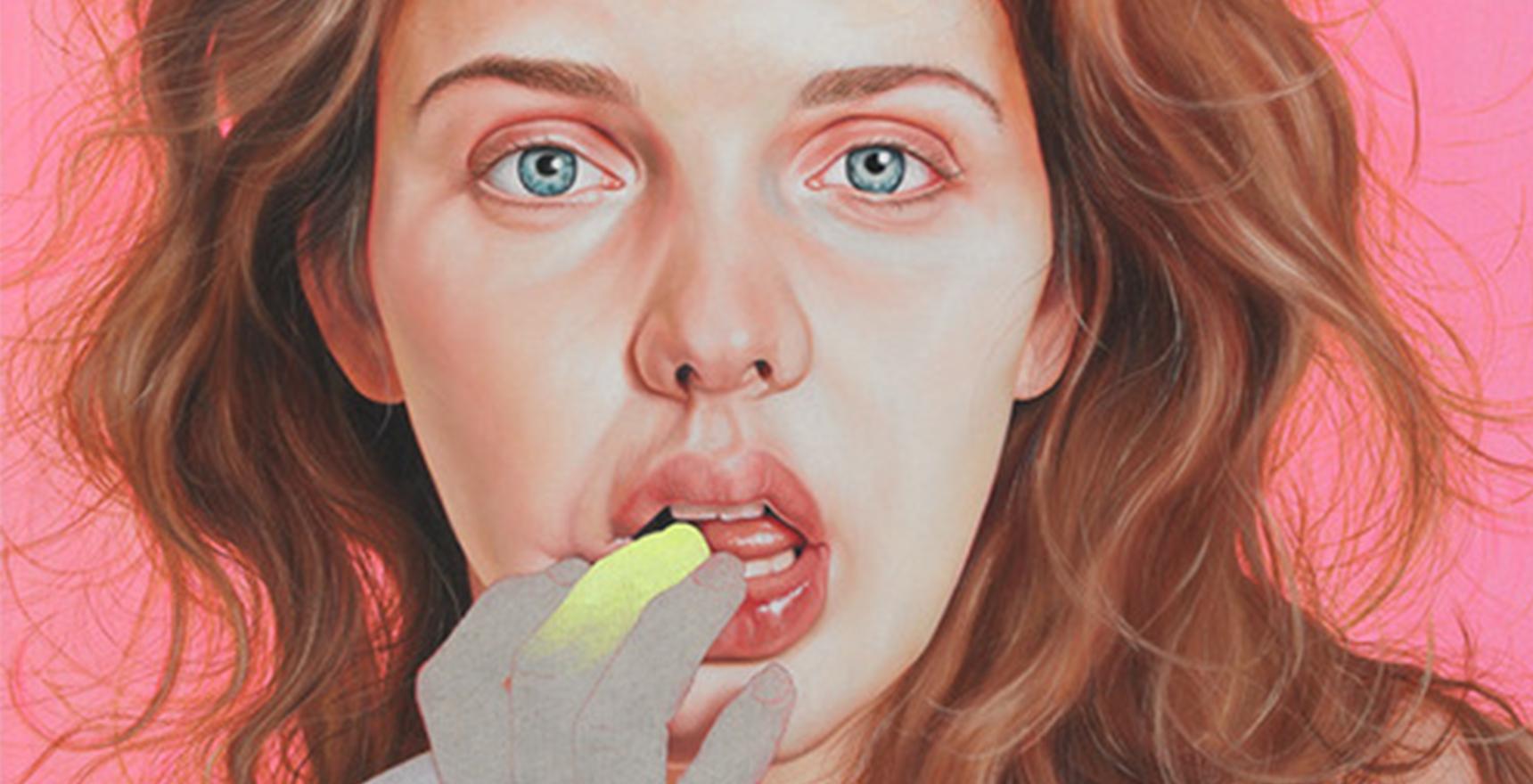 painting of a woman biting a yellow finger