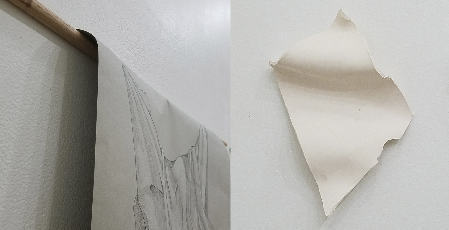 Photo of a drawing of a scrap of paper opposite a photo of a scrap of paper
