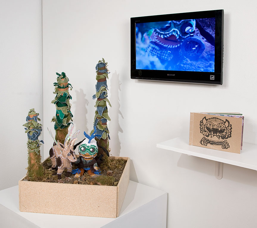 a multimedia work connecting drawings video and plush toys