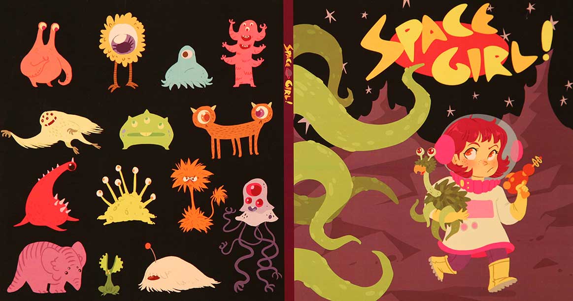 various friendly monsters opposite a space girl fleeing tentacles