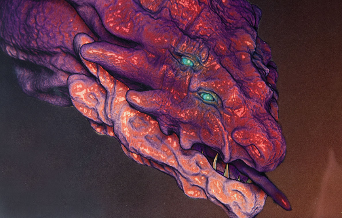 painting of a red four eyed dragon