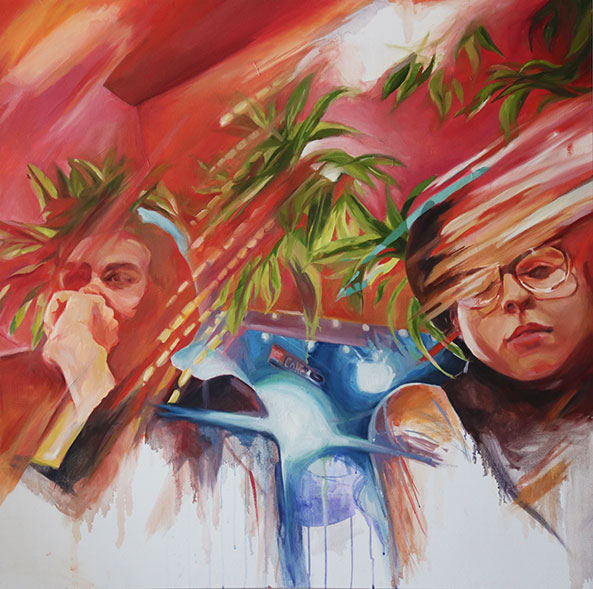 Abstract man and woman painting under palm trees