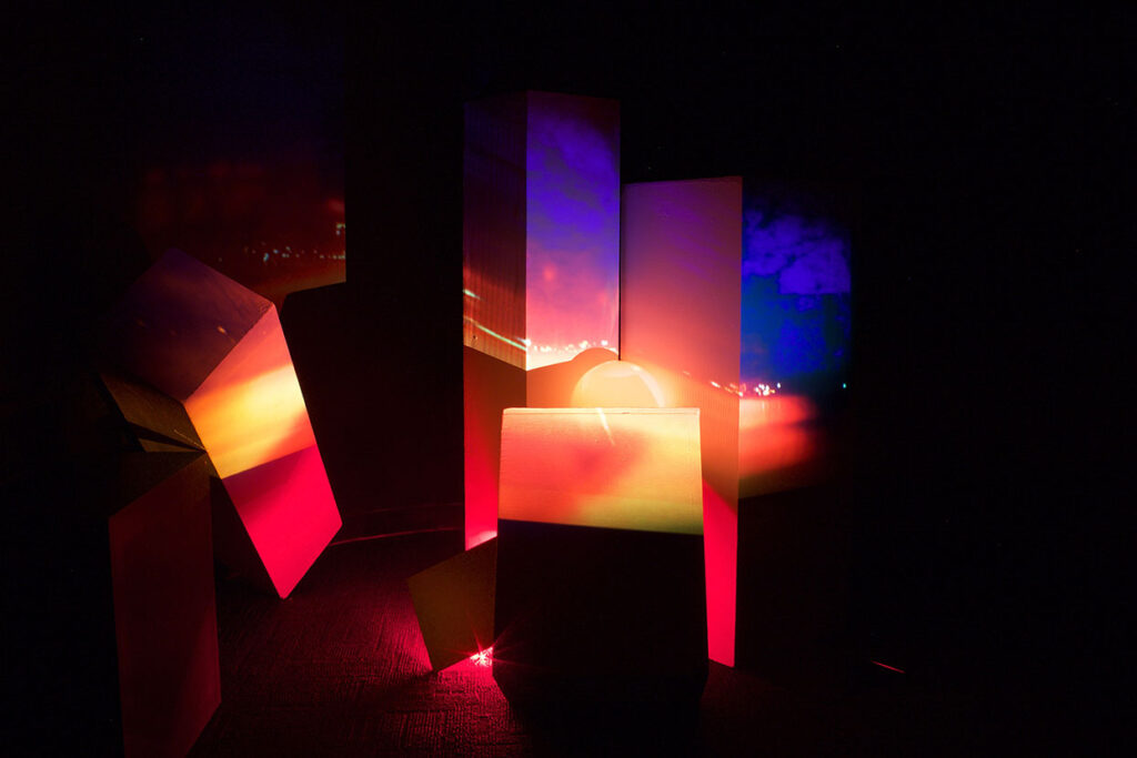 Colorful lit cubic shapes and textures
