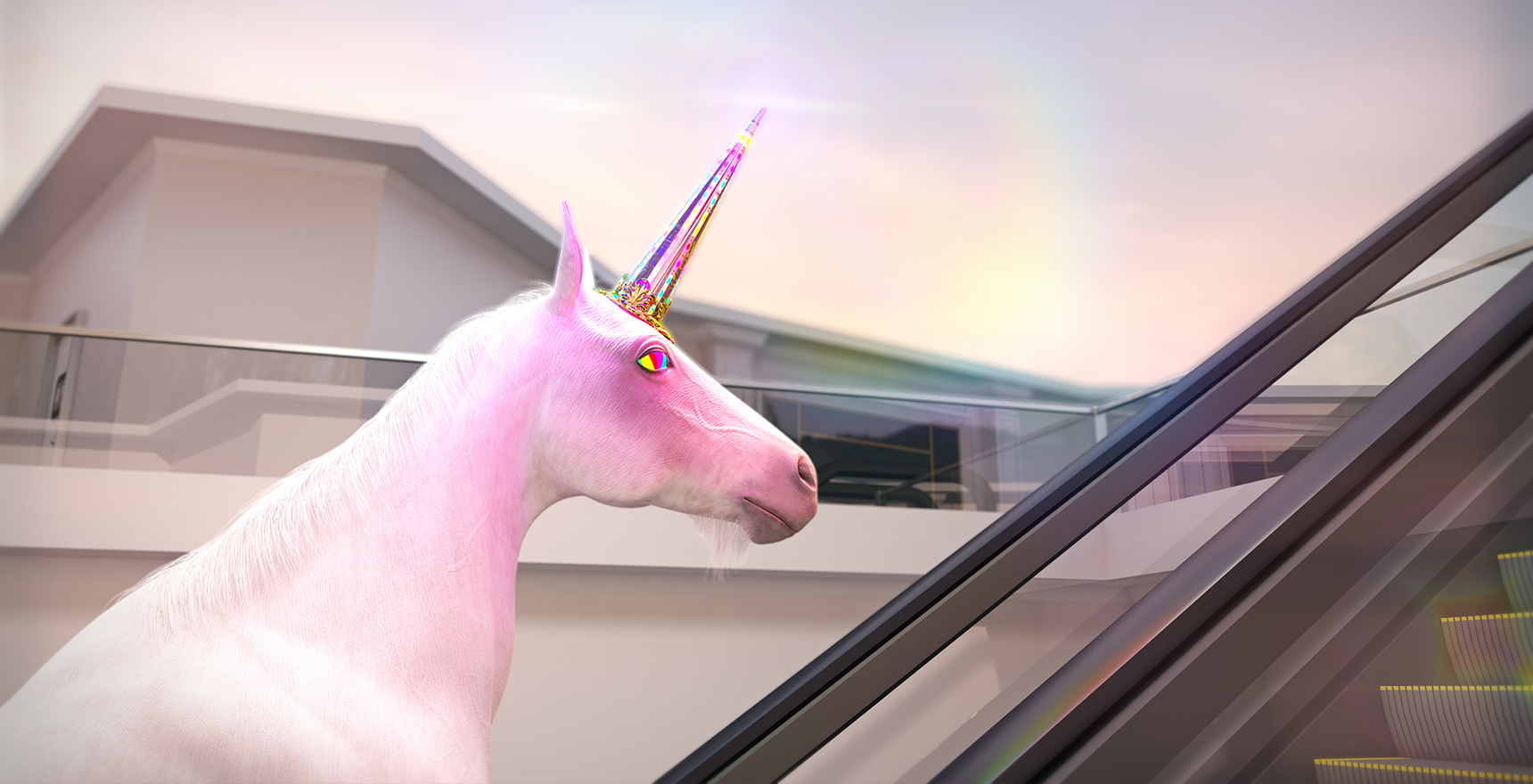 Pink unicorn on escalator photo realistic art work