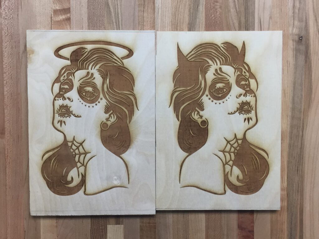 laser etching angel devil sugar skull inspired piece