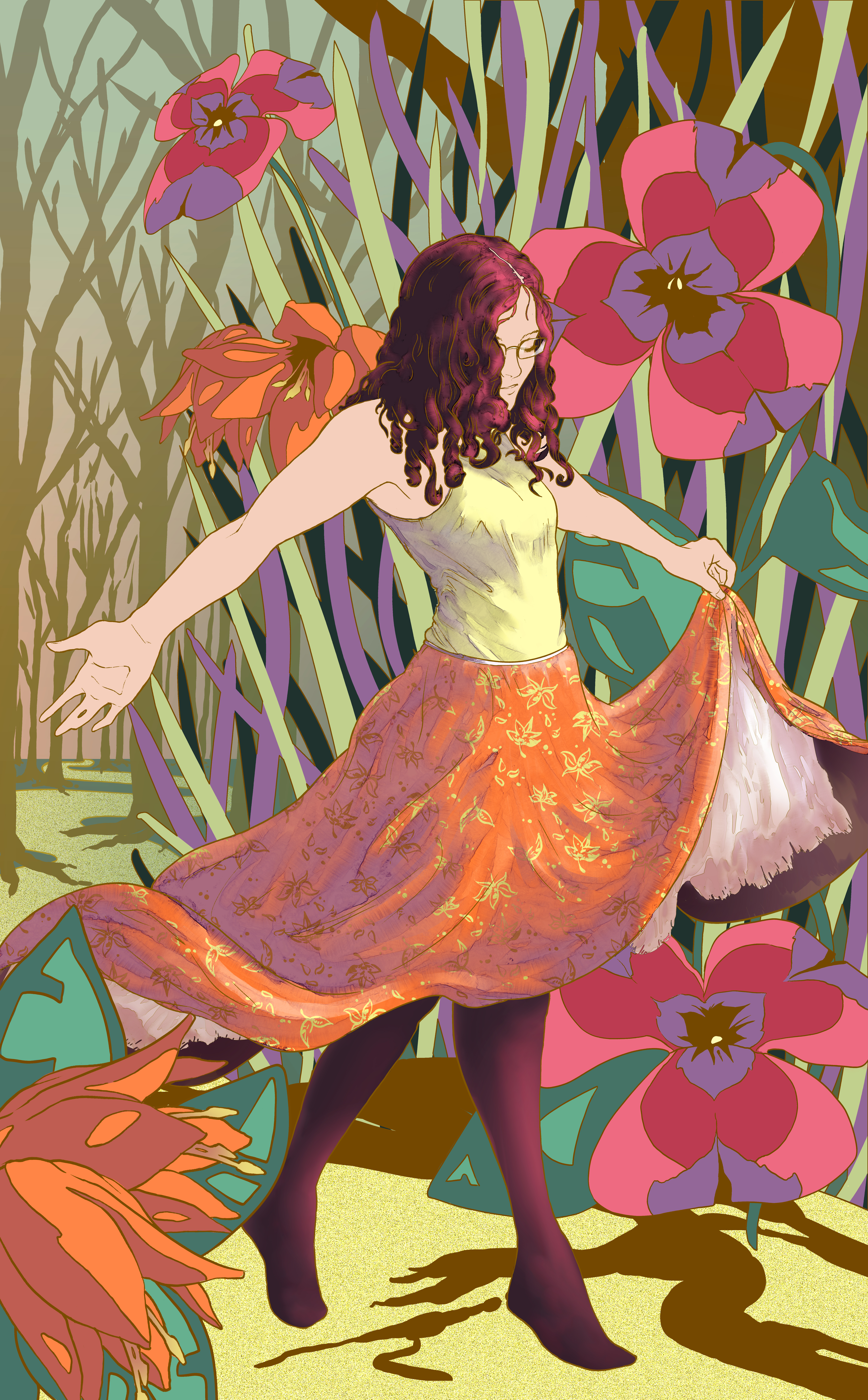 Colorful drawing of a woman among giant flowers
