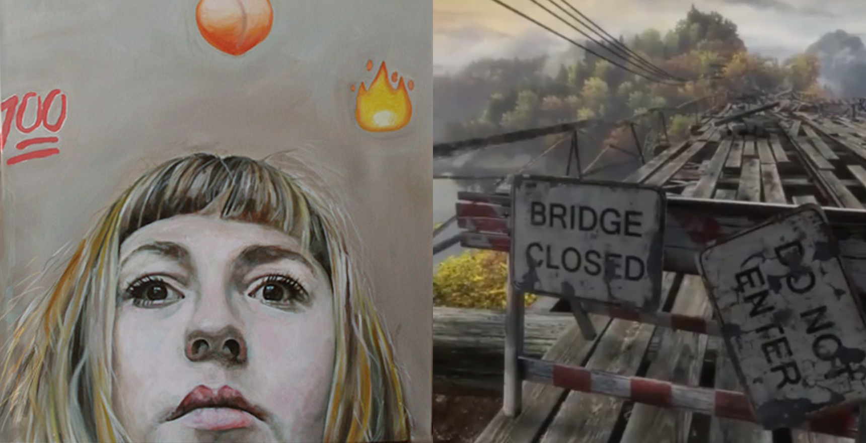 close up drawing of a woman's face opposite a drawing of a dilapidated bridge