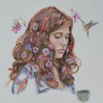 a drawing of a woman with flowers throughout her hair being fed on by humming birds
