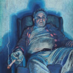 pastel of a man in lazyboy smoking illuminated by tv