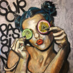 Pastel of a woman holding citrus over her eyes