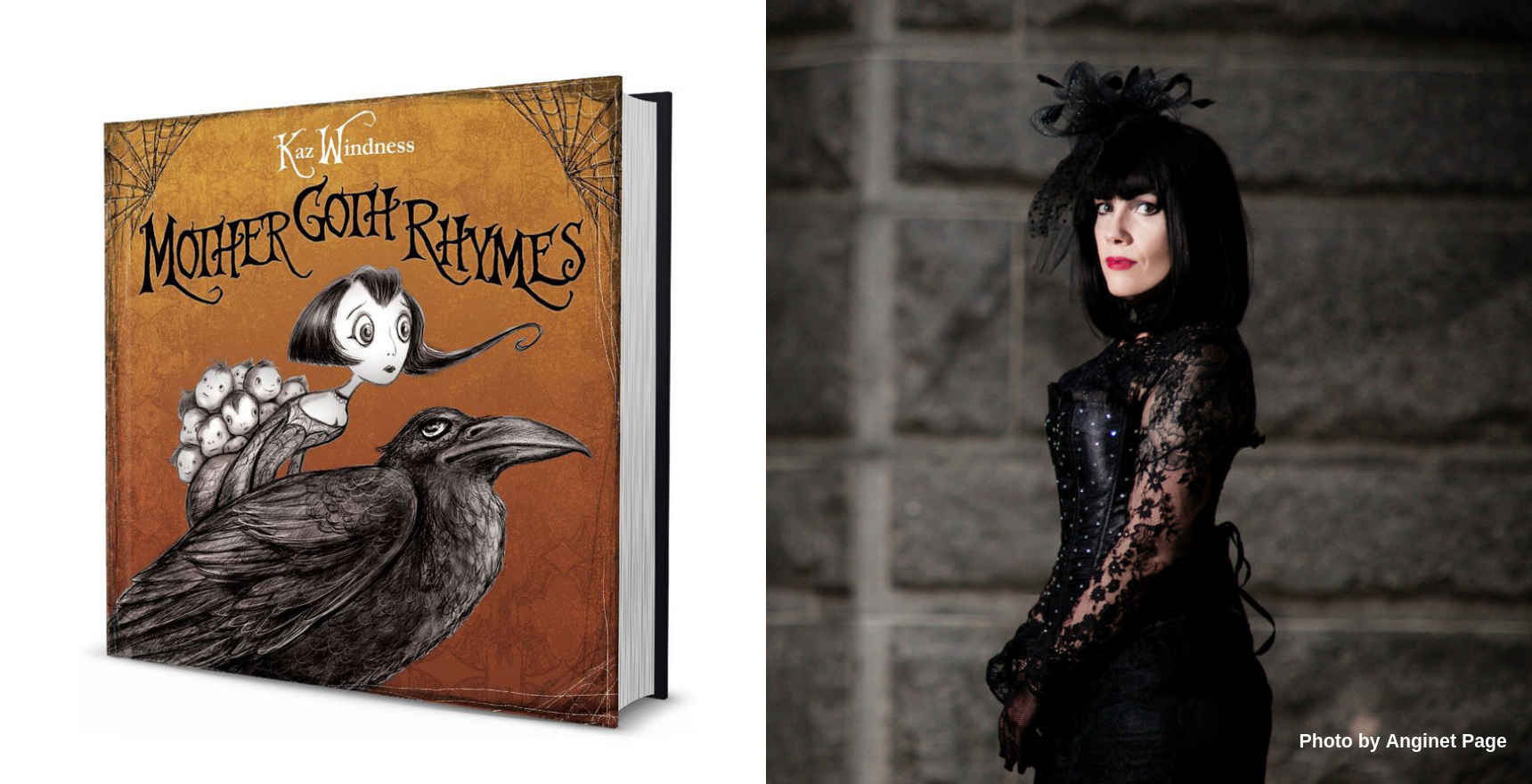 Mother Goth Rhymes book cover opposite Karen Windness in black