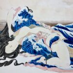 a nude woman reclined her garments forming tsunami in traditional japanese style