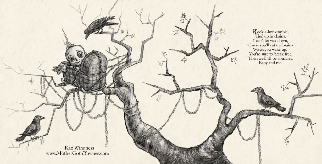 Pencil drawing of a baby Zombie in a tree