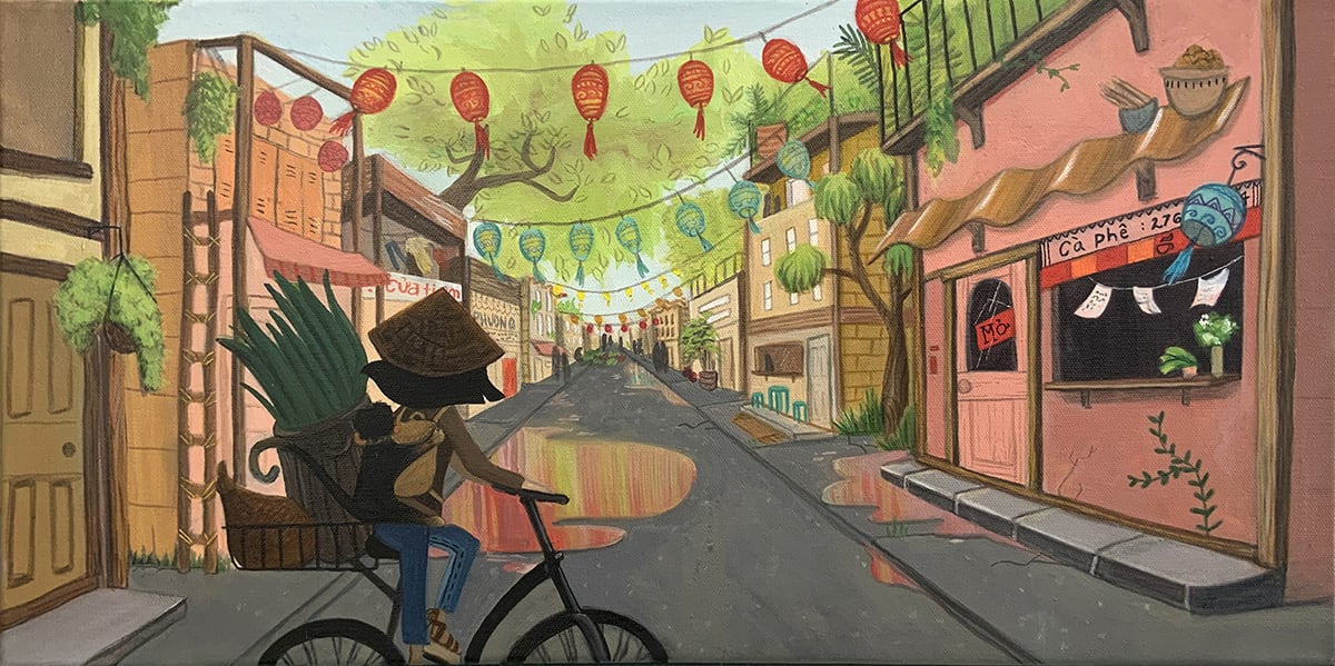 Acrylic illustration of person on bike in street