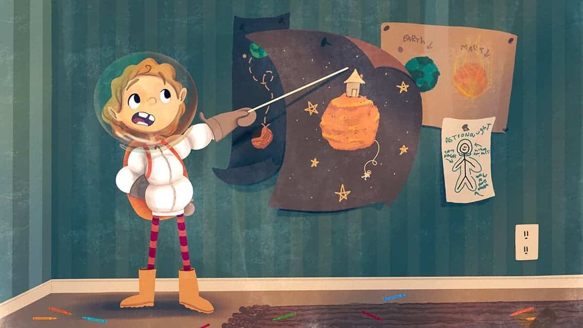 Digital illustration of boy and posters of space