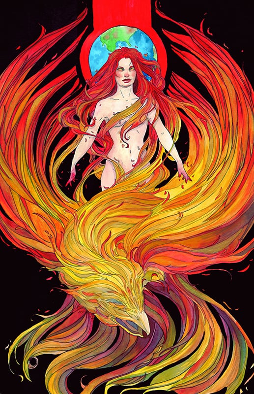 Illustration of person and phoenix