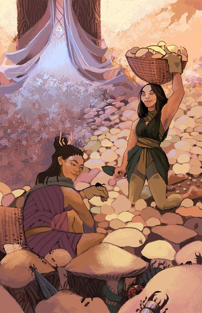 Illustration of two people in field of mushrooms