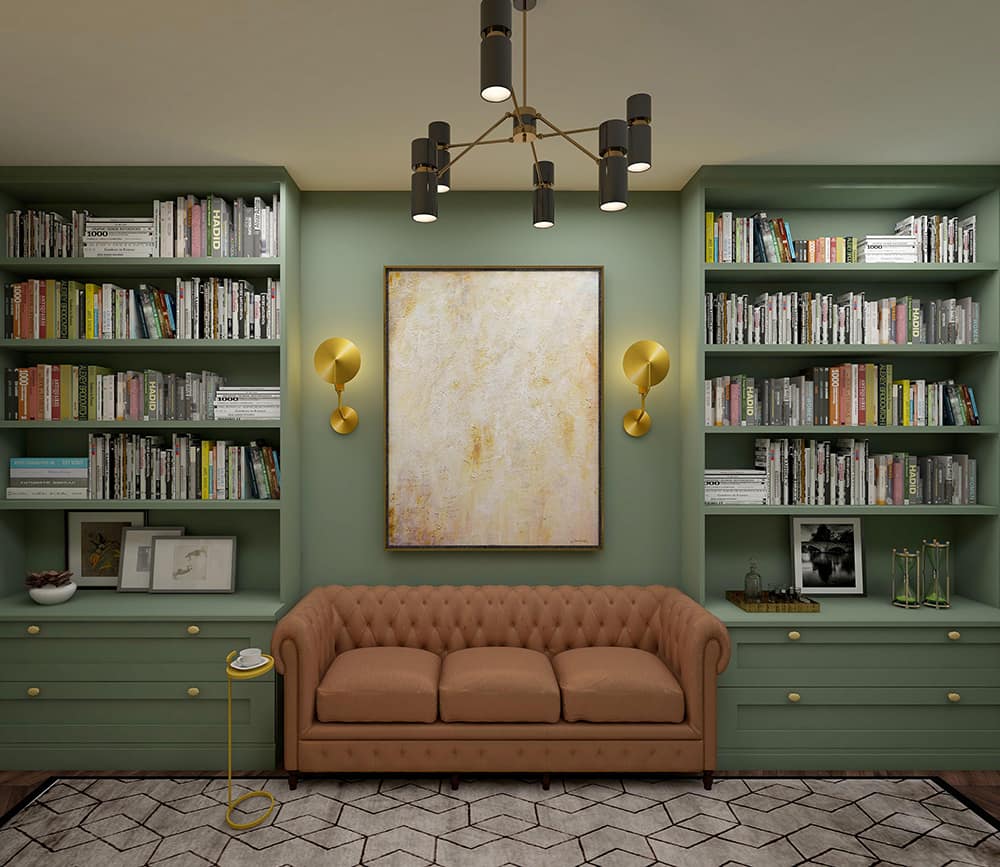 Interior design of a study area with modern furniture and bookcases