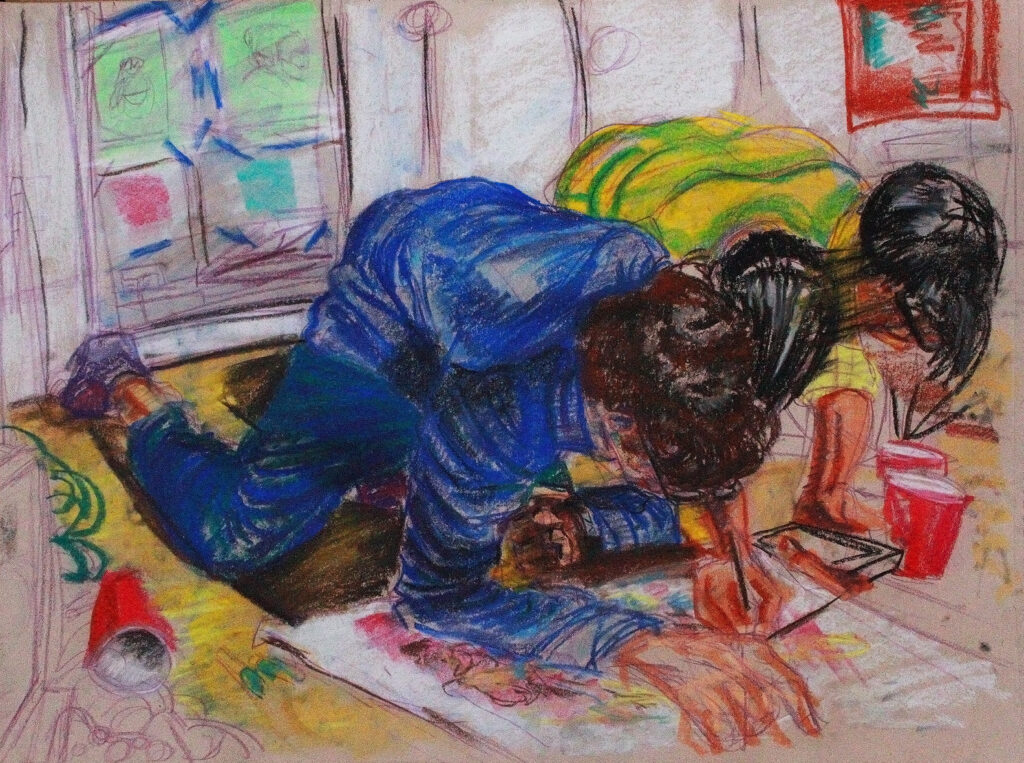 A crayon-like drawing of two children coloring on the floor