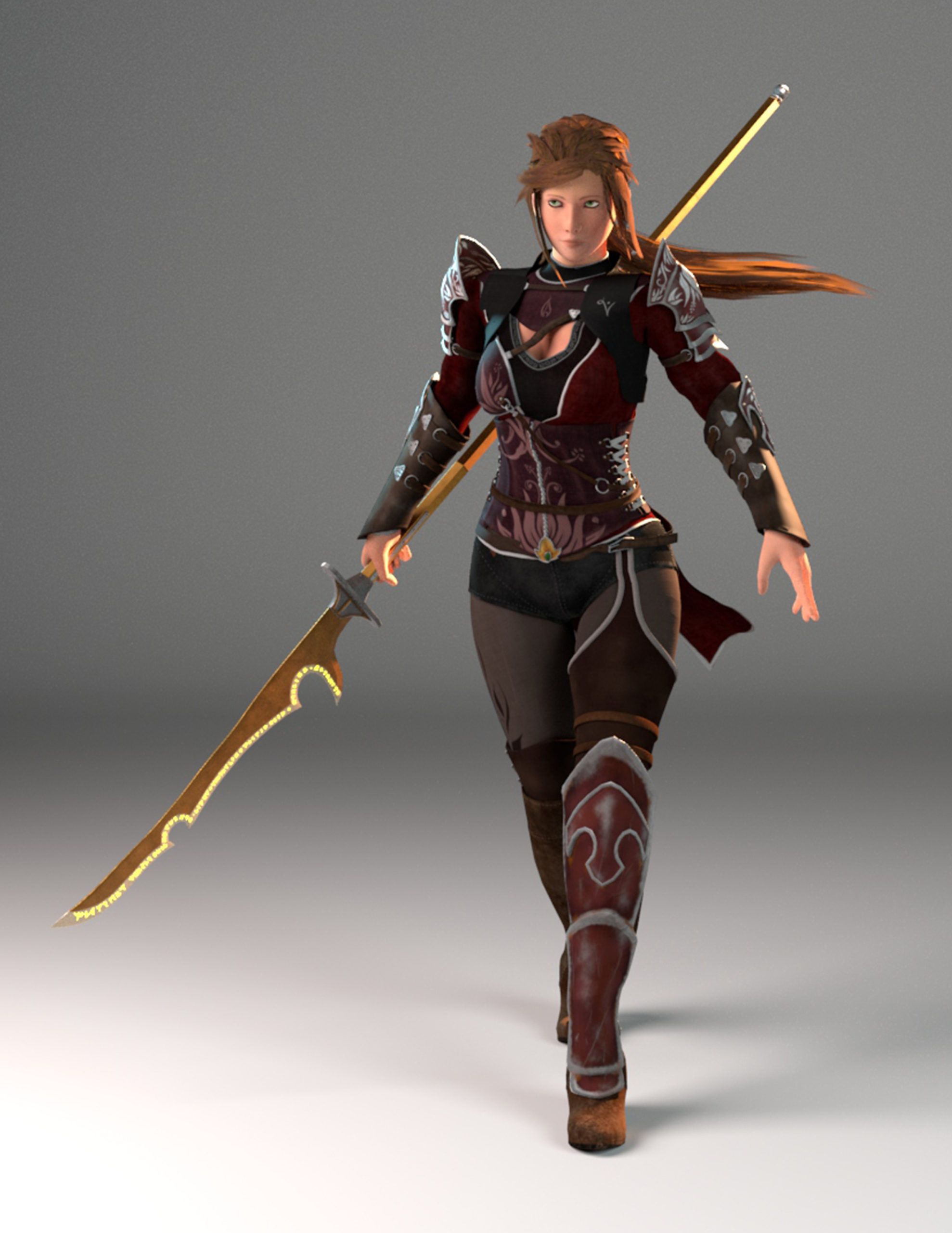 Action figure-like character model wearing armor and holding a spear with a long curved blade on the end