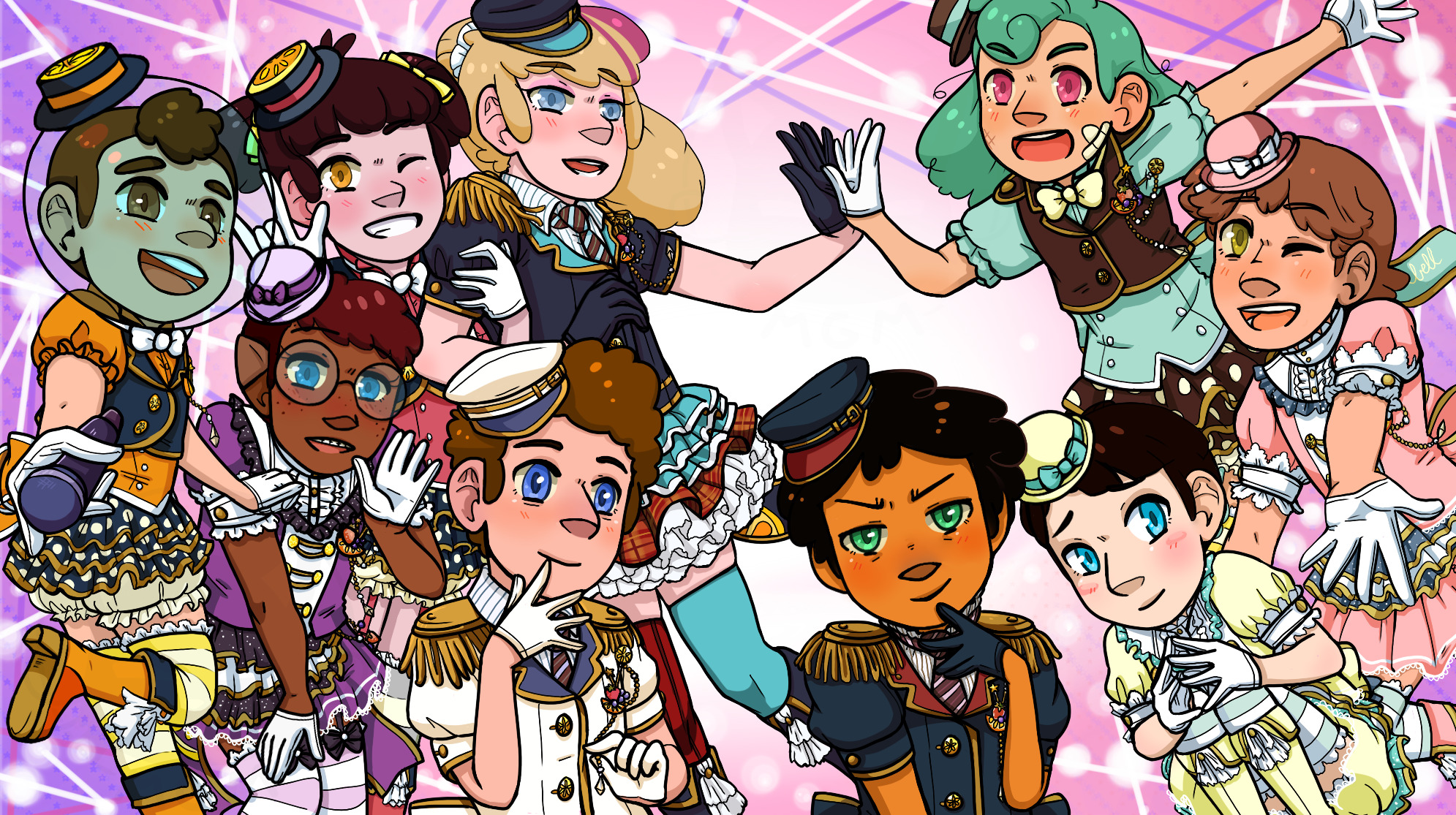 A bunch of cartoon-like sparkly characters