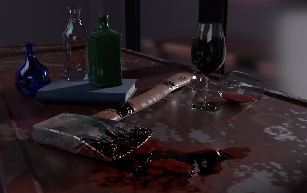 Alcohol bottles and a wine glass around a bloodied axe