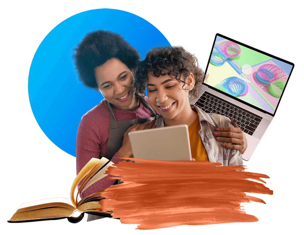 A mother and daughter researching college on a tablet