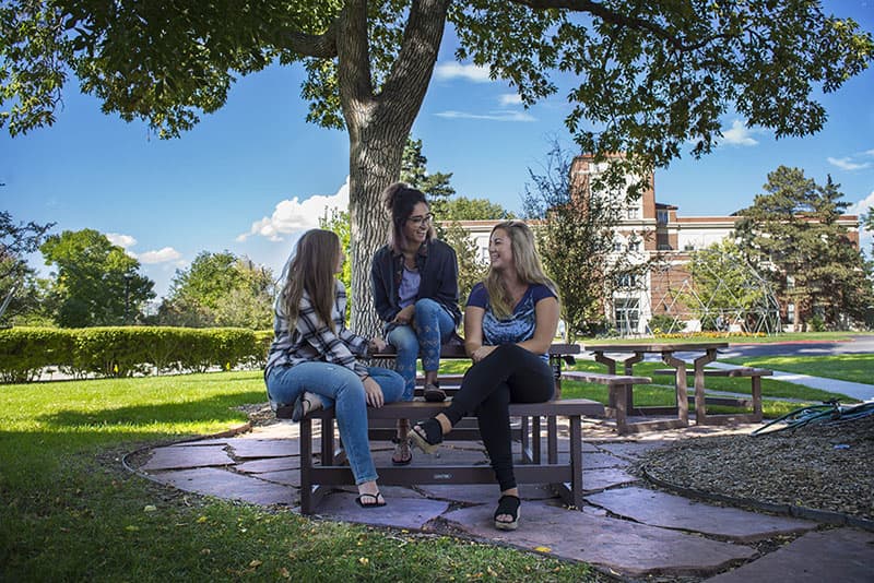 RMCAD students sitting outside and talking together