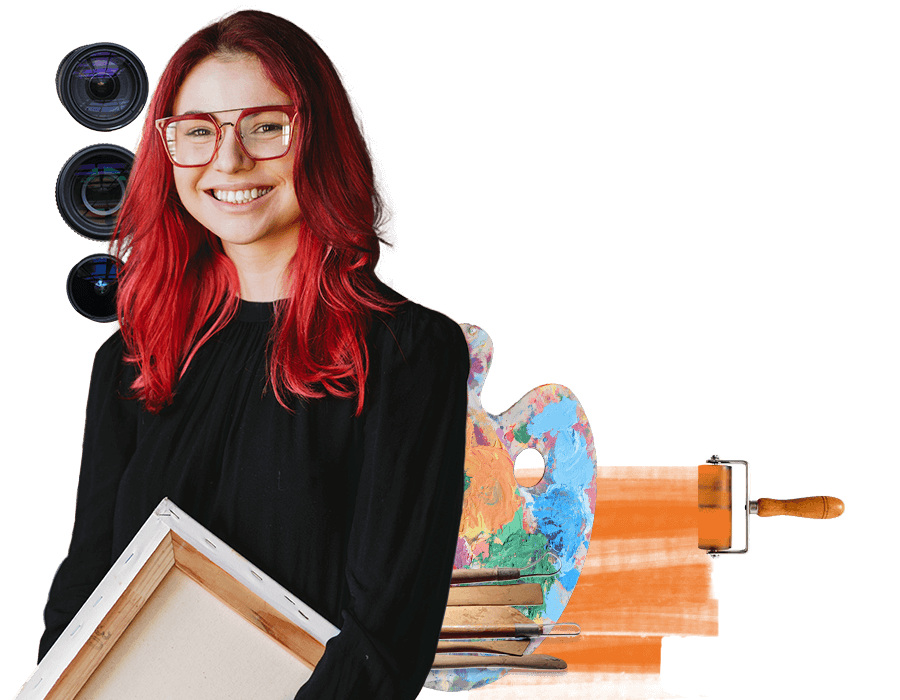 A Fine Arts student holding a canvas and surrounded by tools of her trade, including sculpting tools, camera lenses, a painting palette, and an ink roller.
