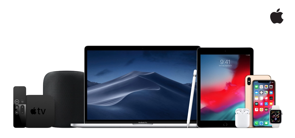 Apple products, including a Macbook, iPad, Pencil, Watch, iPhone, and more.