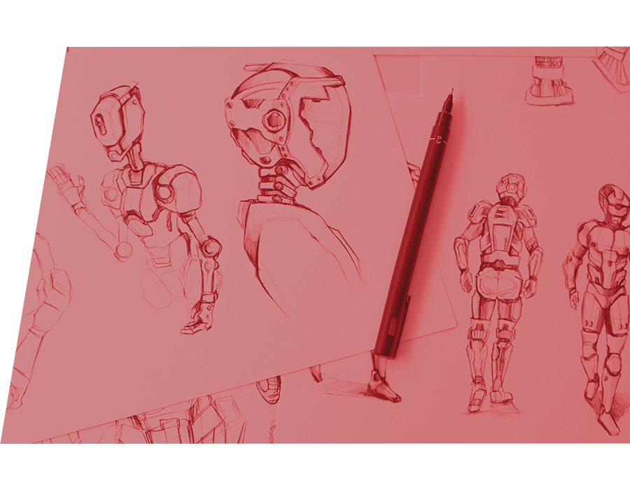 Robot character concept drawings.