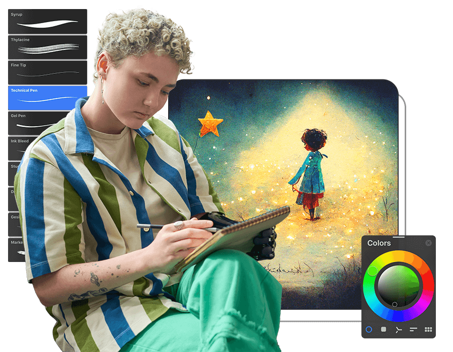 Illustrator sketching ideas for a children's book, surrounded by Procreate UI elements and the finished illustration.