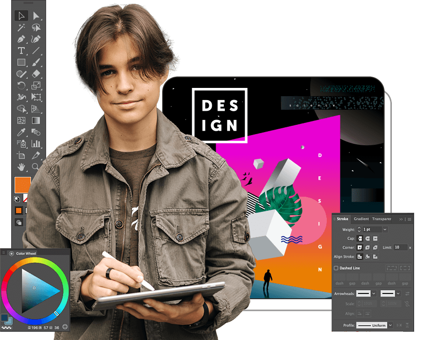 Illustrative designer drawing on a tablet, surrounded by Adobe Illustrator UI and a poster concept