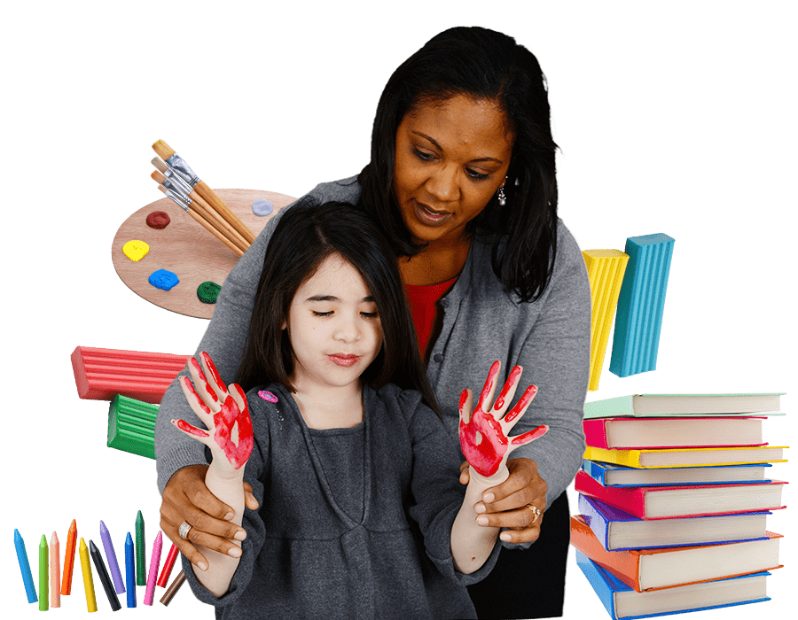 An art teacher with a young student, helping her finger paint with bright red hands. They are surrounded by elements of art education, including crayons, textbooks, modeling clay, and a paint palette.