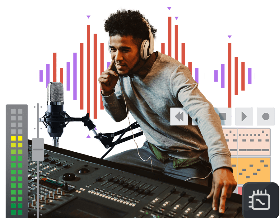 A young black music producer mixing levels of audio on a large soundboard and listening to the track through his headphones. He is surrounded by elements of music production software and designs, alongside a microphone.