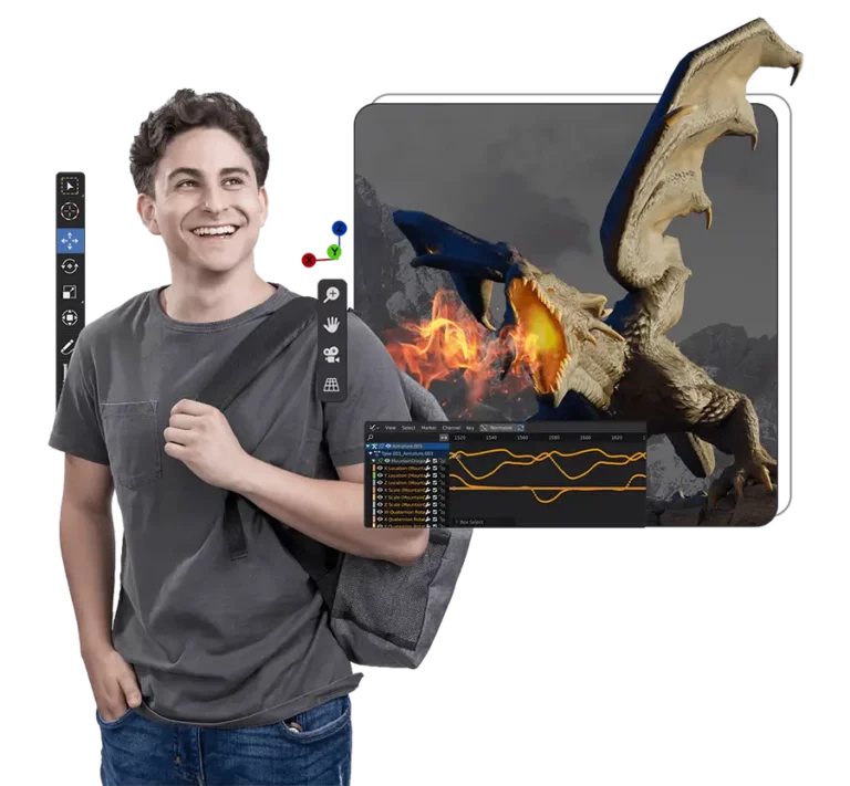 A smiling RMCAD student conceptualizing his next 3D animation project, featuring a fire-breathing dragon.