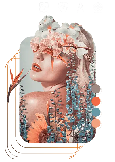 Graphic photobash of a woman looking over her shoulder, overlapped with flowers and botanicals. Swatch colors and graphic design icons frame her.