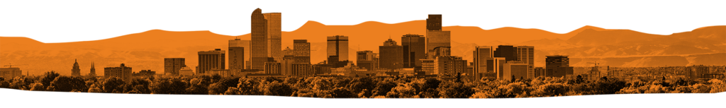 The Denver skyline and Rocky Mountains, overlaid with RMCAD's branded orange color.