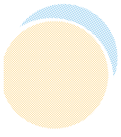 Orange halftone dot pattern circle with a blue crescent over the top right edge.