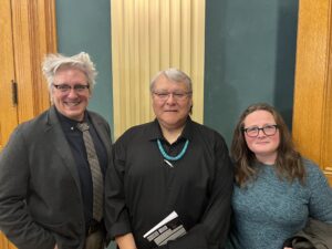 Crisosto Apache with fellow RMCAD Liberal Arts professors, Dr. Lucas Sheaffer (Left) and Dr. Becky Black (Right), on the day of Apache's recognition.
